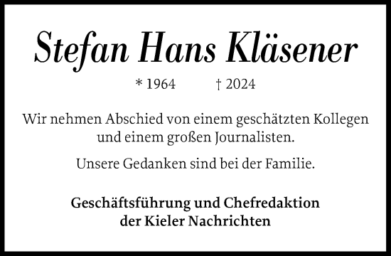 Traueranzeige von Stefan Hans Kläsener von Stormarner Tageblatt