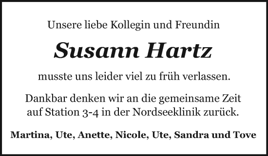 Traueranzeige von Susann Hartz von Sylter Rundschau