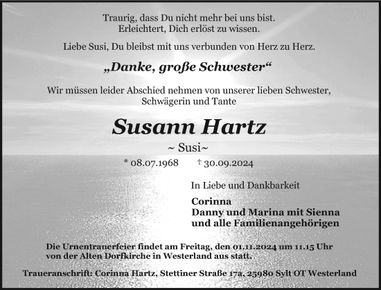 Traueranzeige von Susann Hartz von Sylter Rundschau