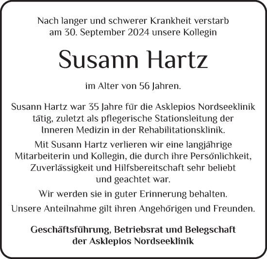 Traueranzeige von Susann Hartz von Sylter Rundschau