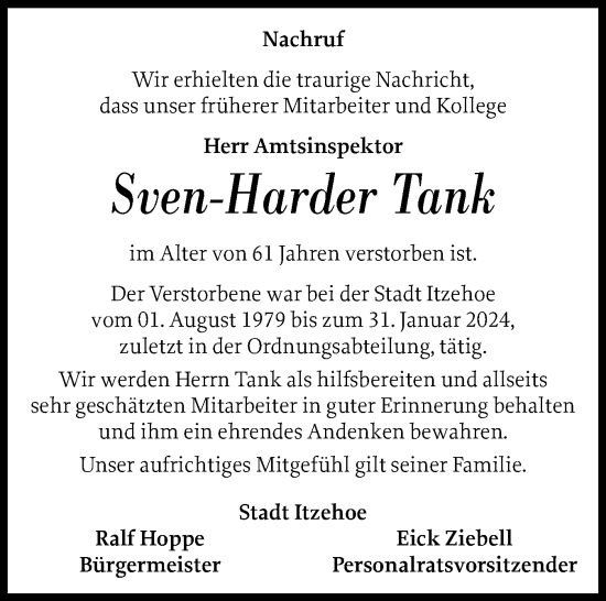 Traueranzeige von Sven-Harder Tank von Norddeutsche Rundschau, Wilstersche Zeitung, Glückstädter Fortuna