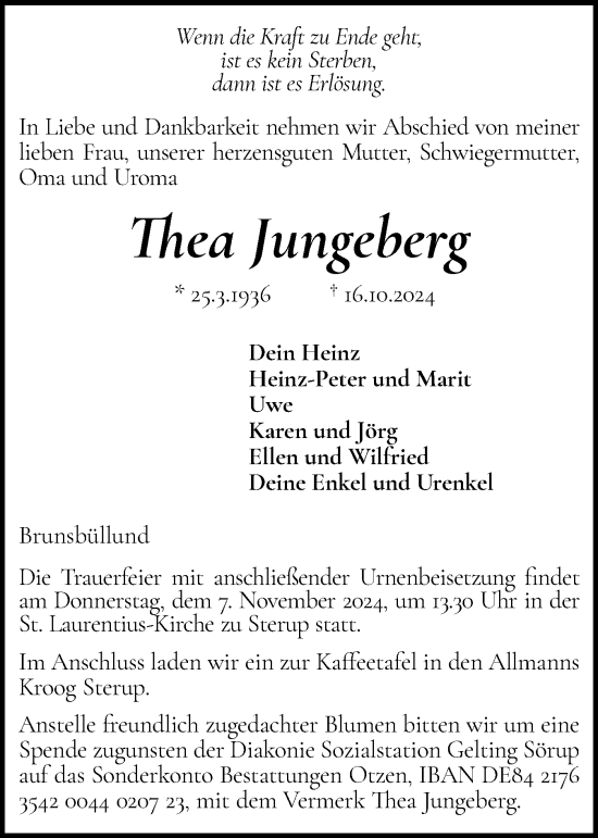 Traueranzeige von Thea Jungerberg von Flensburger Tageblatt