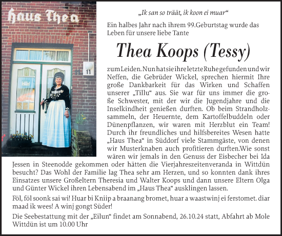 Traueranzeige von Thea Koops von Der Insel-Bote