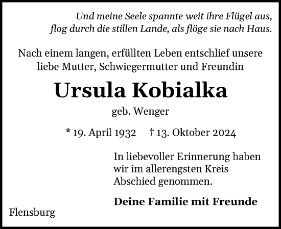 Traueranzeige von Ursula Kobialka von Flensburger Tageblatt