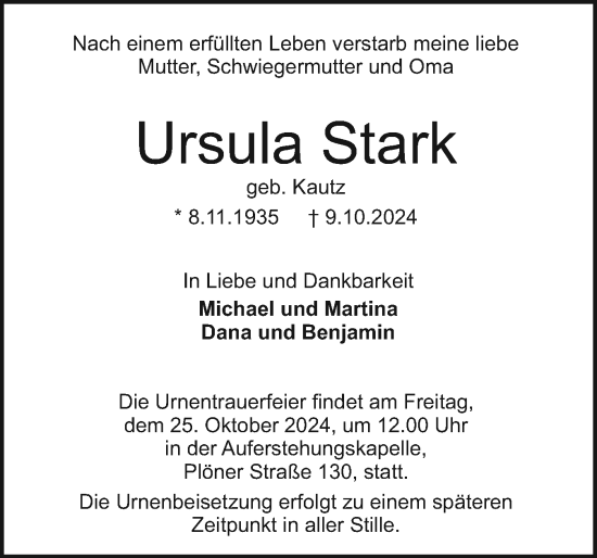Traueranzeige von Ursula Stark von Holsteinischer Courier