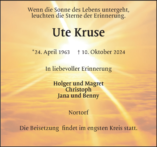 Traueranzeige von Ute Kruse von Schleswig-Holsteinische Landeszeitung