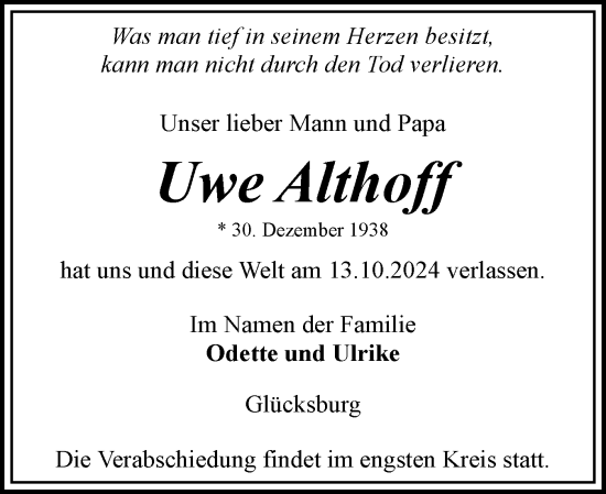Traueranzeige von Uwe Althoff von Flensburger Tageblatt
