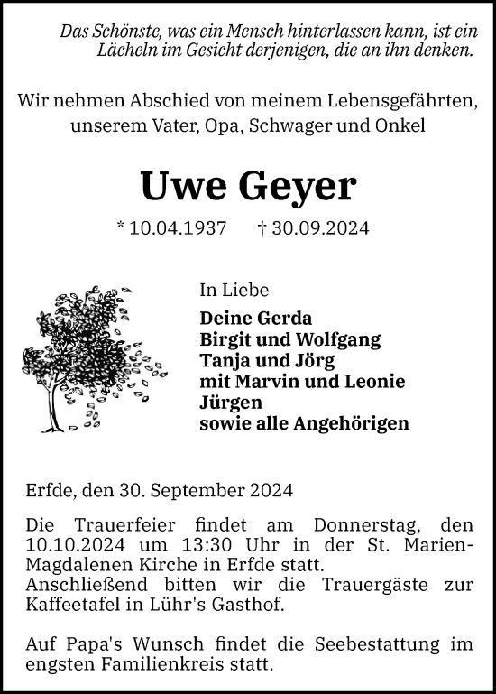 Traueranzeige von Uwe Geyer von Schleswig-Holsteinische Landeszeitung