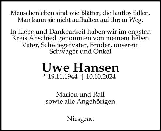 Traueranzeige von Uwe Hansen von Flensburger Tageblatt