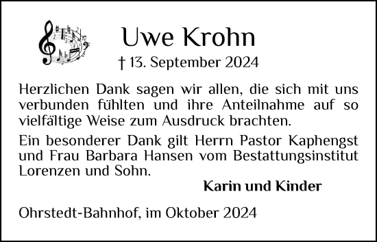 Traueranzeige von Uwe Krohn von Husumer Nachrichten, Nordfriesland Tageblatt