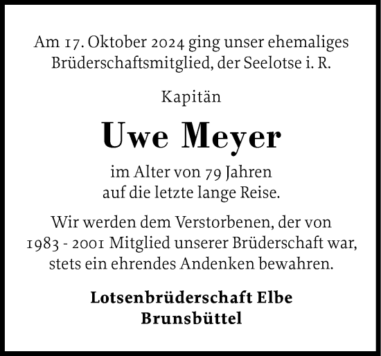 Traueranzeige von Uwe Meyer von Norddeutsche Rundschau, Wilstersche Zeitung, Glückstädter Fortuna