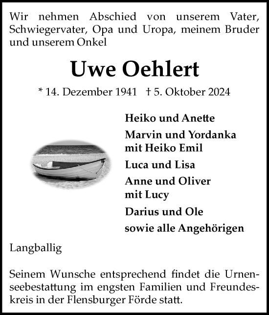 Traueranzeige von Uwe Oehlert von Flensburger Tageblatt