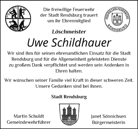Traueranzeige von Uwe Schildhauer von Schleswig-Holsteinische Landeszeitung