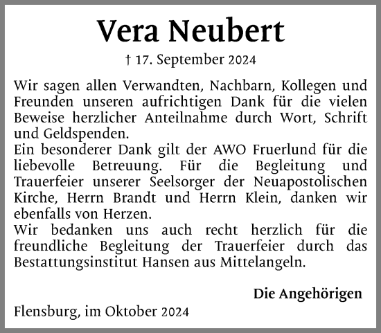 Traueranzeige von Vera Neubert von Flensburger Tageblatt
