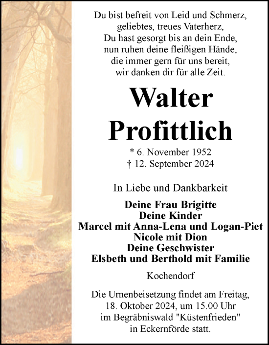 Traueranzeige von Walter Profittlich von Eckernförder Zeitung, Hallo Eckernförde