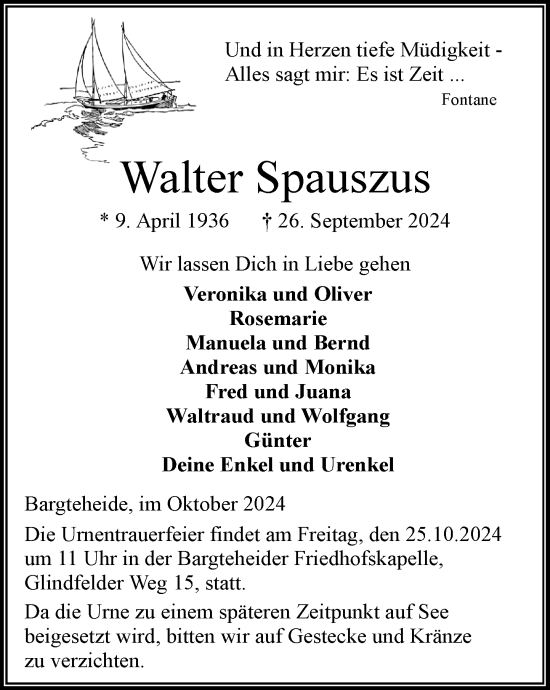Traueranzeige von Walter Spauszus von Stormaner Tageblatt