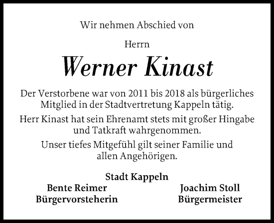Traueranzeige von Werner Kinast von Schleswiger Nachrichten, Schlei-Bote