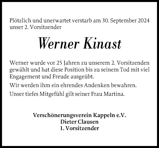 Traueranzeige von Werner Kinast von Schleswiger Nachrichten, Schlei-Bote