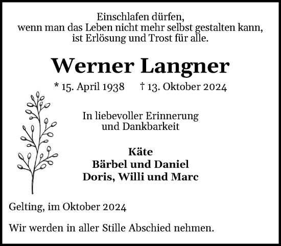 Traueranzeige von Werner Langner von Flensburger Tageblatt, Schleswiger Nachrichten, Schlei-Bote