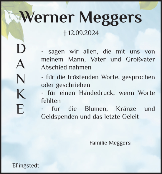 Traueranzeige von Werner Meggers von Schleswiger Nachrichten, Schlei-Bote