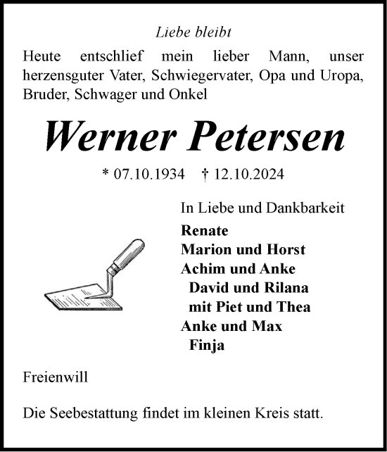 Traueranzeige von Werner Petersen von Flensburger Tageblatt