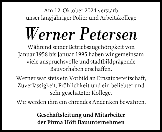 Traueranzeige von Werner Petersen von Flensburger Tageblatt