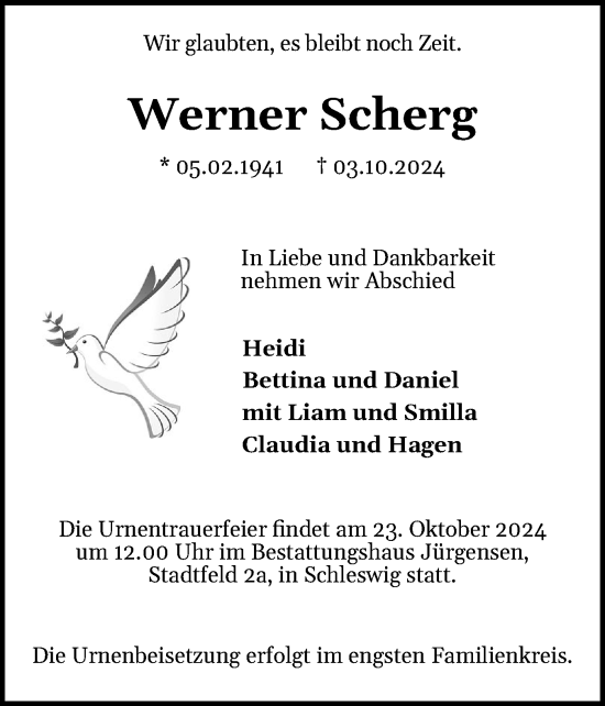 Traueranzeige von Werner Scherg von Schleswiger Nachrichten, Schlei-Bote