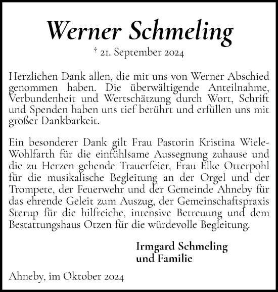 Traueranzeige von Werner Schmeling von Flensburger Tageblatt
