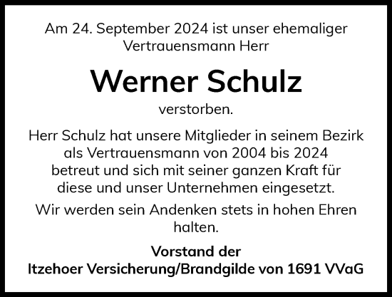 Traueranzeige von Werner Schulz von Ostholsteiner Anzeiger