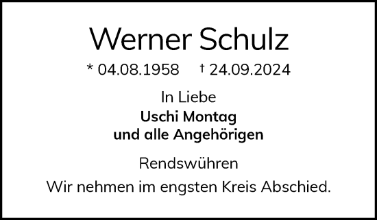 Traueranzeige von Werner Schulz von Holsteinischer Courier