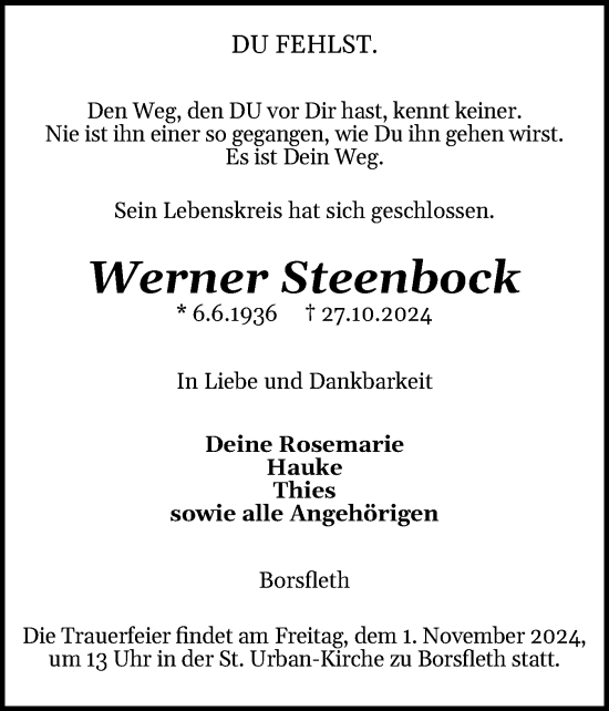 Traueranzeige von Werner Steenbock von Norddeutsche Rundschau, Wilstersche Zeitung, Glückstädter Fortuna