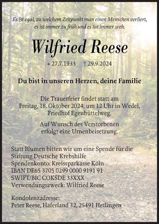 Traueranzeige von Wilfried Reese von Uetersener Nachrichten, Der tip am Wochenende