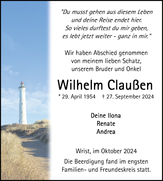 Traueranzeige von Wilhelm Claußen von Norddeutsche Rundschau, Wilstersche Zeitung, Glückstädter Fortuna