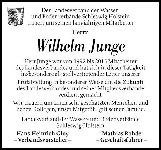 Traueranzeige von Wilhelm Junge von Ostholsteiner Anzeiger