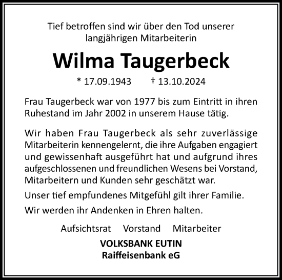 Traueranzeige von Wilma Taugerbeck von Ostholsteiner Anzeiger