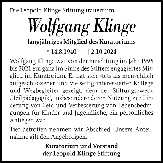 Traueranzeige von Wolfgang Klinge von Elmshorner Nachrichten, Barmstedter Zeitung