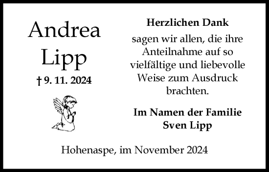 Traueranzeige von Andrea Lipp von Norddeutsche Rundschau, Wilstersche Zeitung, Glückstädter Fortuna