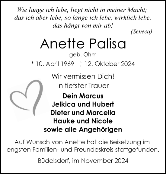 Traueranzeige von Anette Palisa von Schleswig-Holsteinische Landeszeitung