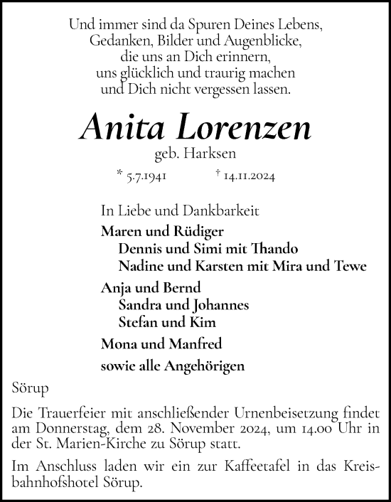Traueranzeige von Anita Lorenzen von Flensburger Tageblatt