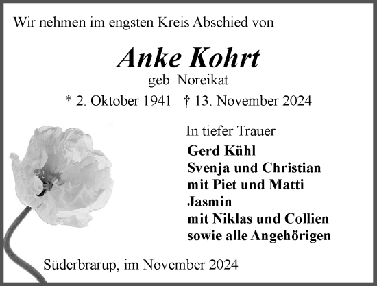 Traueranzeige von Anke Kohrt von Schleswiger Nachrichten, Schlei-Bote