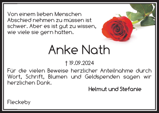 Traueranzeige von Anke Nath von Eckernförder Zeitung, Hallo Eckernförde