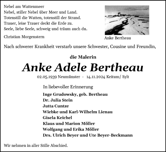 Traueranzeige von Anke Adele Bertheau von Sylter Rundschau