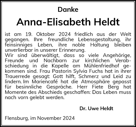 Traueranzeige von Anna-Elisabeth Heldt von Flensburger Tageblatt