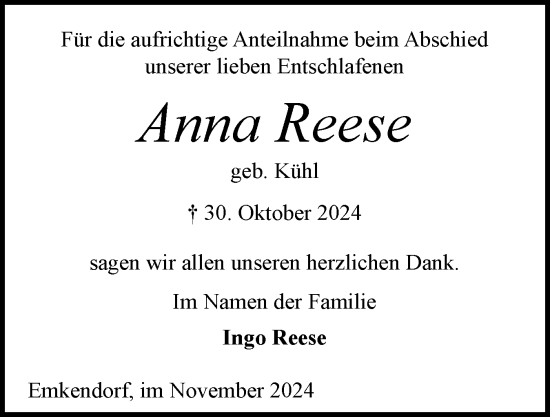Traueranzeige von Anna Reese von Schleswig-Holsteinische Landeszeitung