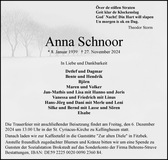 Traueranzeige von Anna Schnoor von Norddeutsche Rundschau, Wilstersche Zeitung, Glückstädter Fortuna