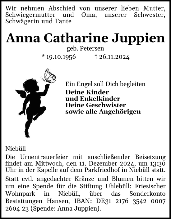 Traueranzeige von Anna Catharine Juppien von Husumer Nachrichten, Nordfriesland Tageblatt