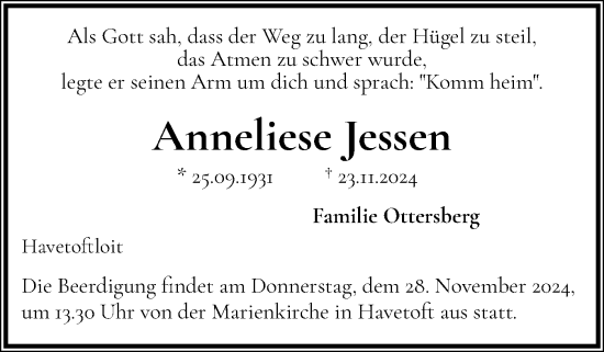 Traueranzeige von Anneliese Jessen von Schleswiger Nachrichten, Schlei-Bote