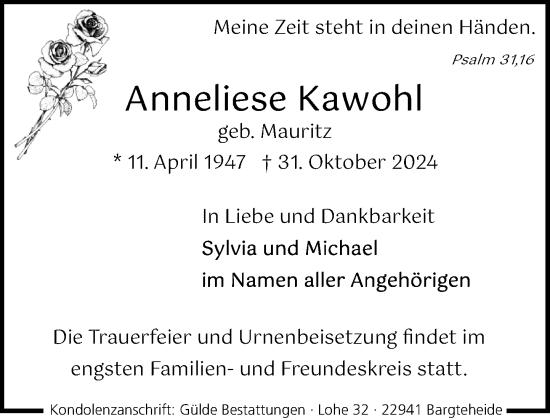 Traueranzeige von Anneliese Kawohl von Stormaner Tageblatt