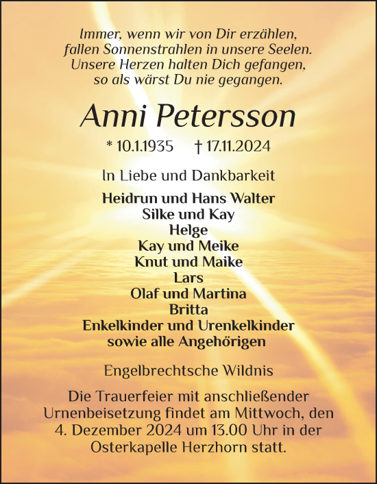 Traueranzeige von Anni Petersson von Norddeutsche Rundschau, Wilstersche Zeitung, Glückstädter Fortuna
