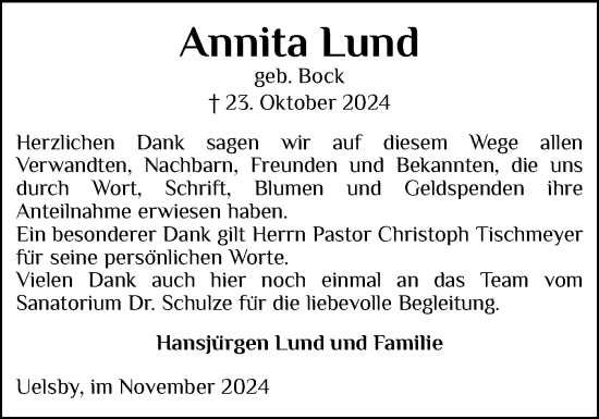 Traueranzeige von Annita Lund von Schleswiger Nachrichten, Schlei-Bote